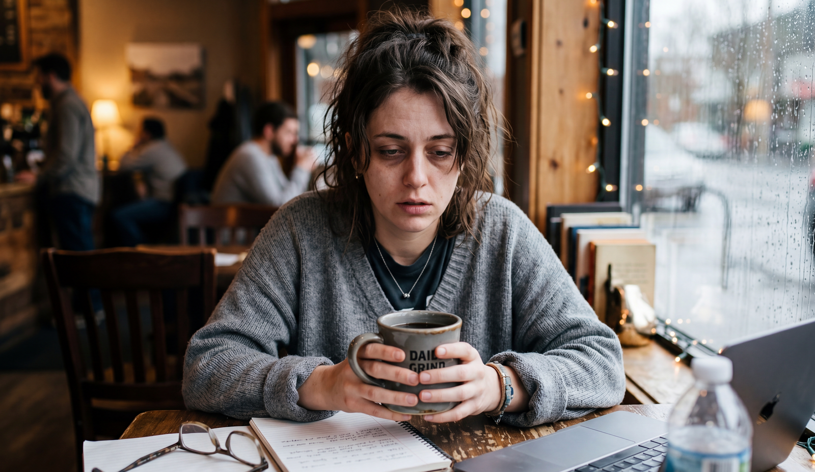 Tired person sitting in a cafe holding a coffee mug