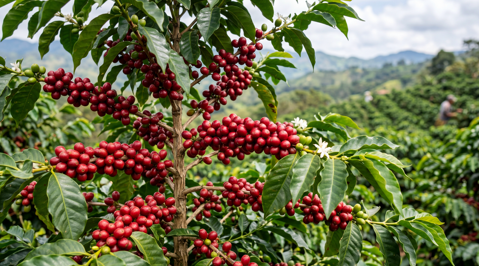 Ripe red coffee cherries growing on the plant