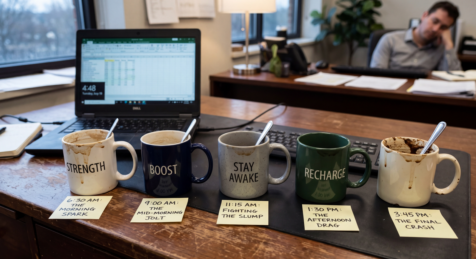 Empty coffee mugs on a desk illustrating the caffeine crash cycle
